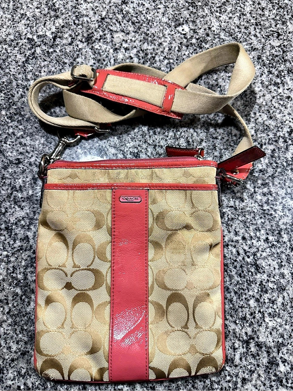 Coach Signature Stripe Swingpack Crossbody Bag Tan & Pink